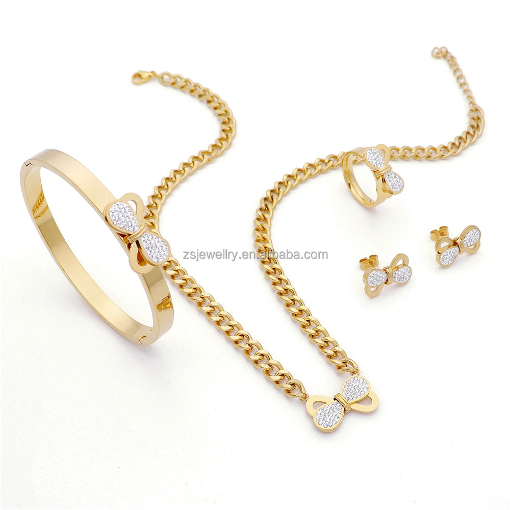 Plated Women Fashion Sets Wholesale Necklace Jewelry Set Gold Zircon Stainless Steel Made in China Bow 14K Butterfly Shell