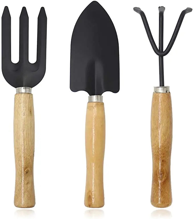 Garden Plant Tools Sets3 PCS Garden Tool Kit With Wooden Handle Black Metal RakeShovel & Fork