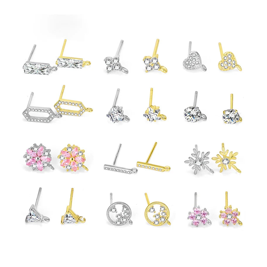 S925 Sterling Silver Cubic Zirconia Post Stud Earrings 18K Gold CZ Earring Findings Ear Piercing Plugs with Loop for DIY Making