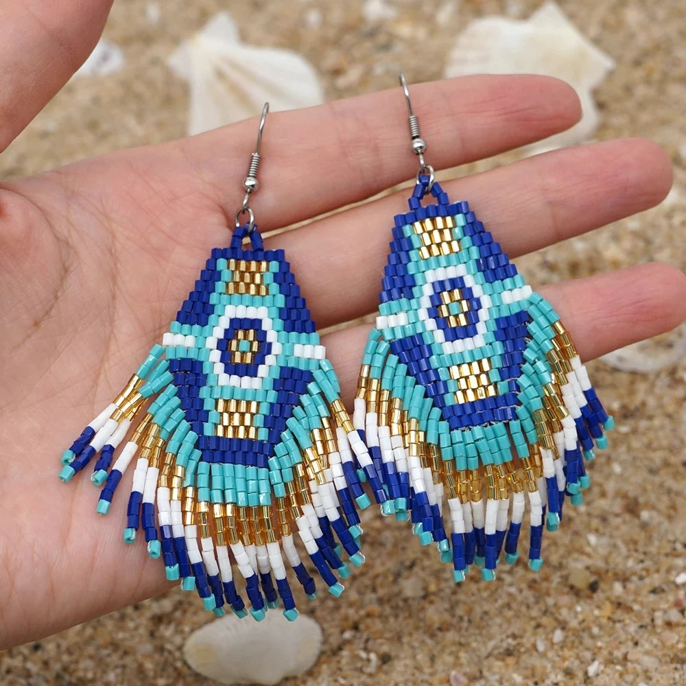 European American Fashion Summer Bohemian Hand Beaded Woven Pendant Earrings for Women