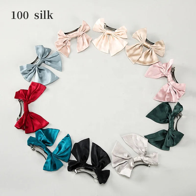 Korean Style Women Hair Accessories Black Shining Organza Bow Hairclips Spring Clip With Hair Tie for Girls