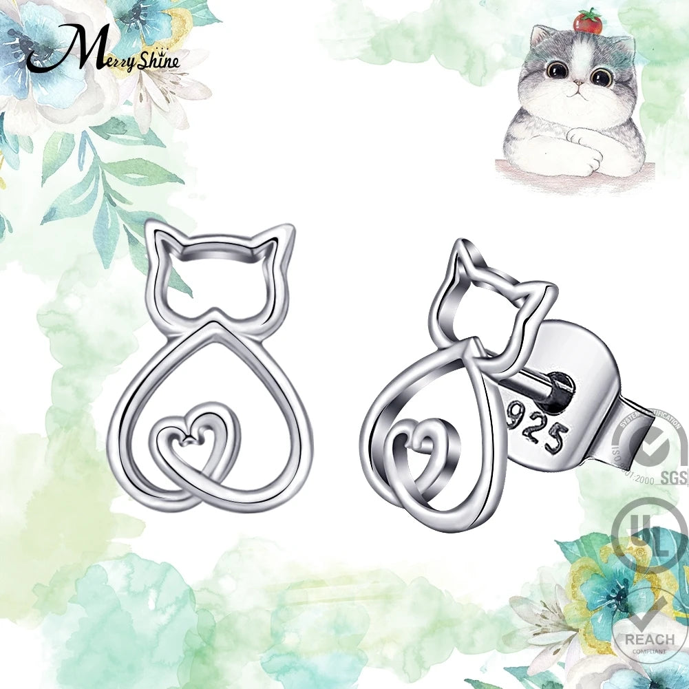 Women Crystal Animal Pet 925 Sterling Silver Jewelry Cat Stud Earrings