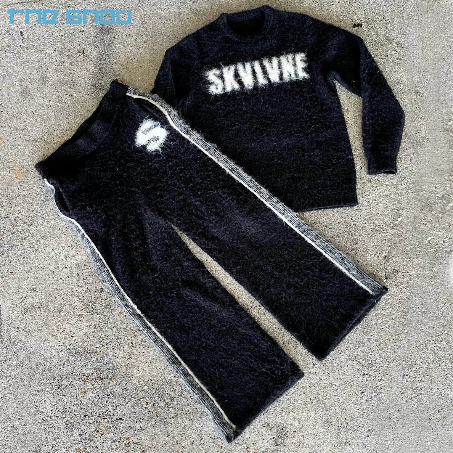 Custom Tracksuit Jacquard Embroidery Logo Men Fuzzy Sweater Hoodie Mohair Sweatsuit Flared Sweat Pants and Hoodies Set Men