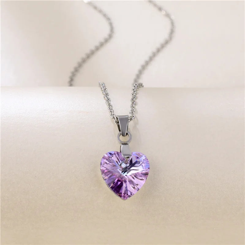 Lateefah Stainless Steel Heart Necklace Crystal Clavicle Chain Necklace Peach Heart CE Women's Heart-shaped Gift