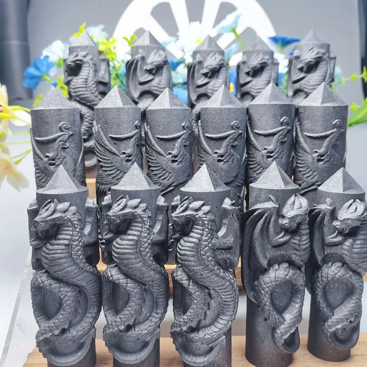 Healing Stone Shungite Dragon Carving Point Crystals Phoenix Carving Tower for Home Decoration