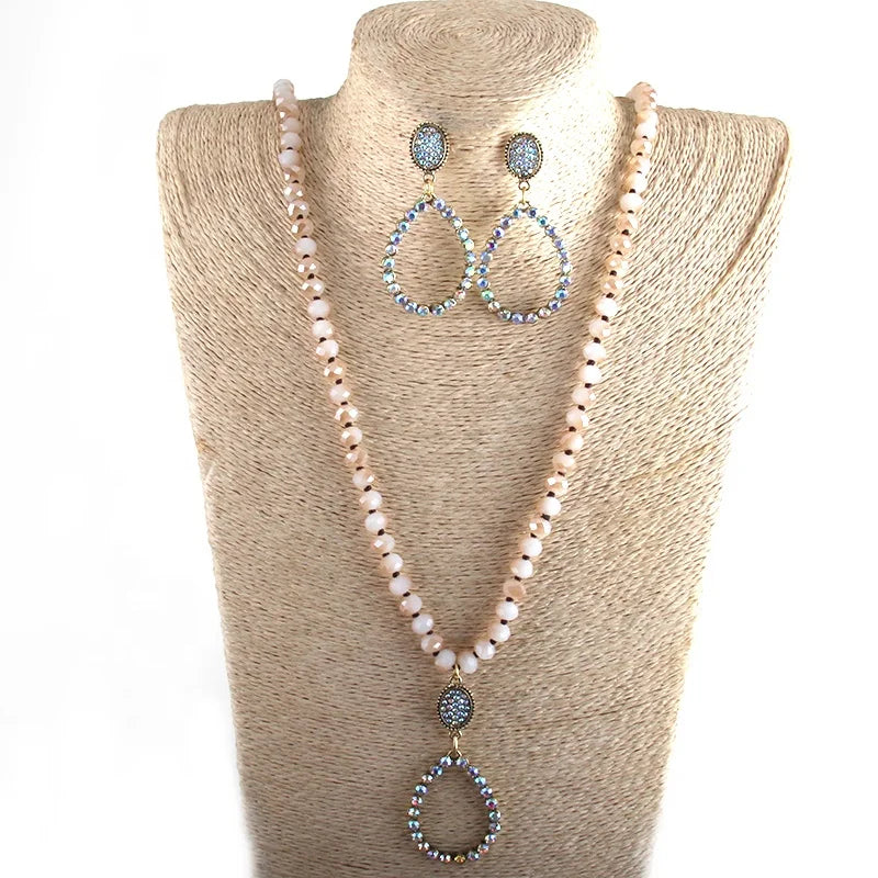 Women Gift Fashion Boho Glass Jewelry Set Long Knotted Rhinestone Drop Pendant Crystal Glass Beads Necklace Earring Set