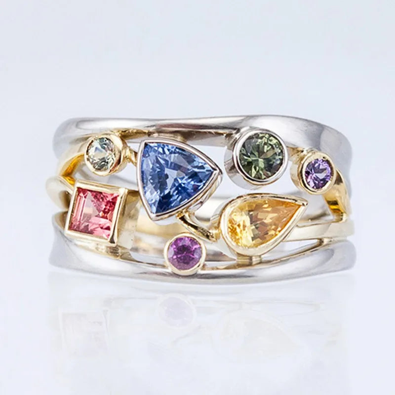 Women's Fashion Band Rings 3 Rows with White/Blue Zircon Stone Simple Item Brass Jewelry for Wedding & Engagement