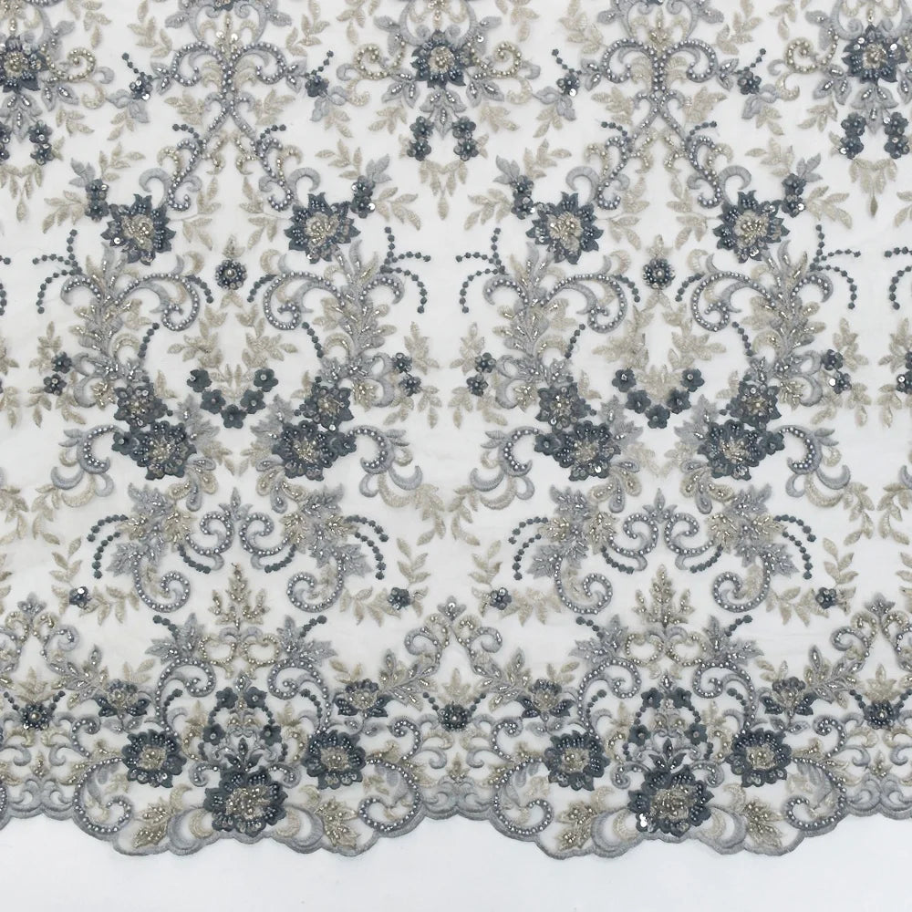Newest Fabrics Handwork Beaded Tulle Lace With Pearls Grey Embroidery Lace Sequins Fabrics HY1302-7