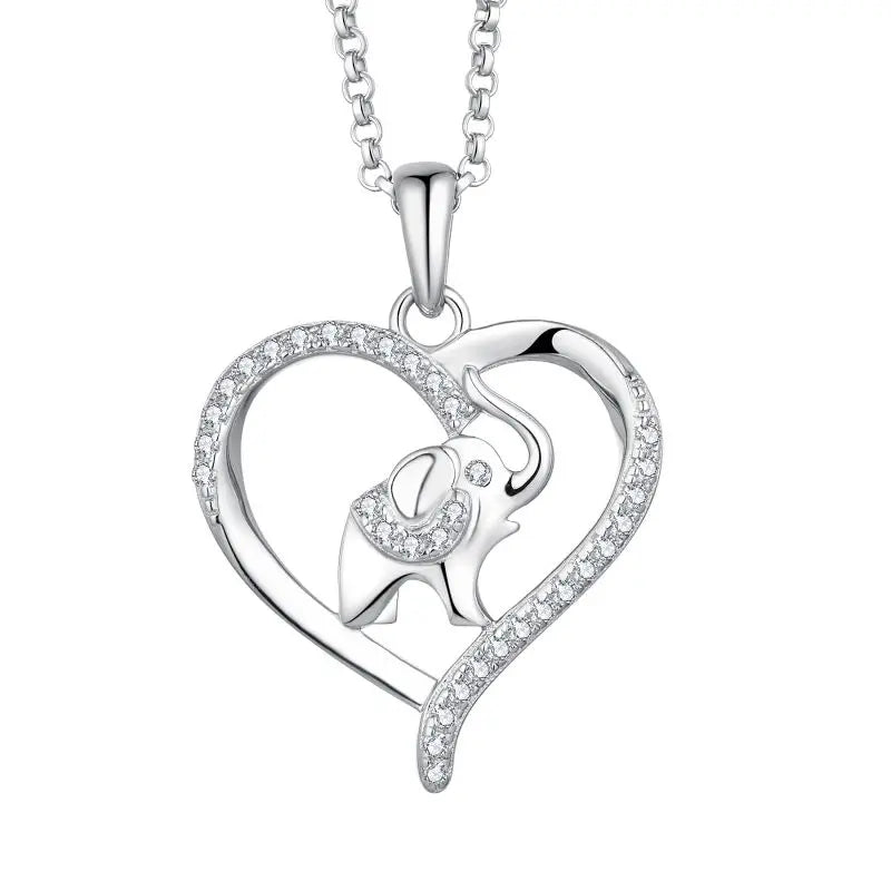 925 Sterling Silver Lucky Cute Animal Cubic Zirconia Elephant Heart Necklace for Women