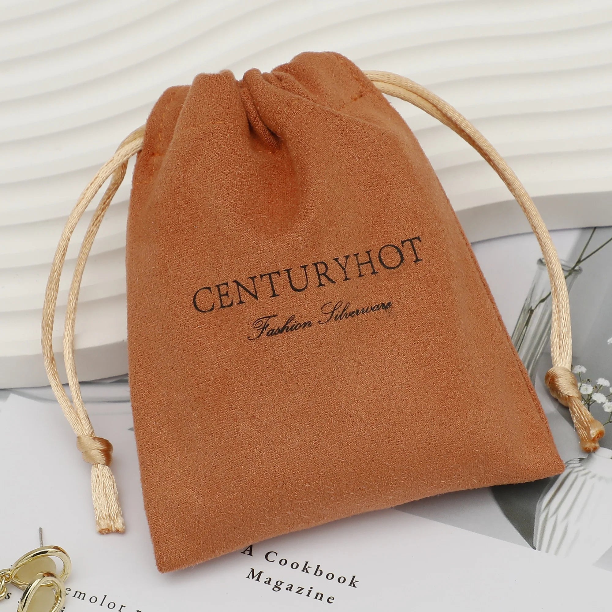 Brown Suede Jewelry Pouches Drawstring Jewelry Packaging Bags Luxury Jewelry Bag With Custom Logo Printed