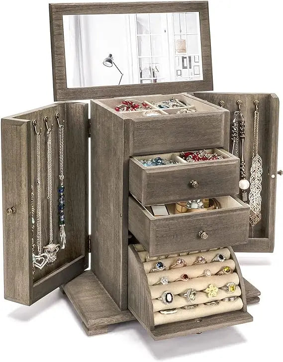 Women's jewelry box rustic wooden jewelry box and organizer with mirror 4 layers display rings earrings necklaces bracelets