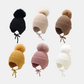 Wholesale Custom Logo Unisex Acrylic Cotton Pom Pom Kids Children Knit Winter Beanie Hats