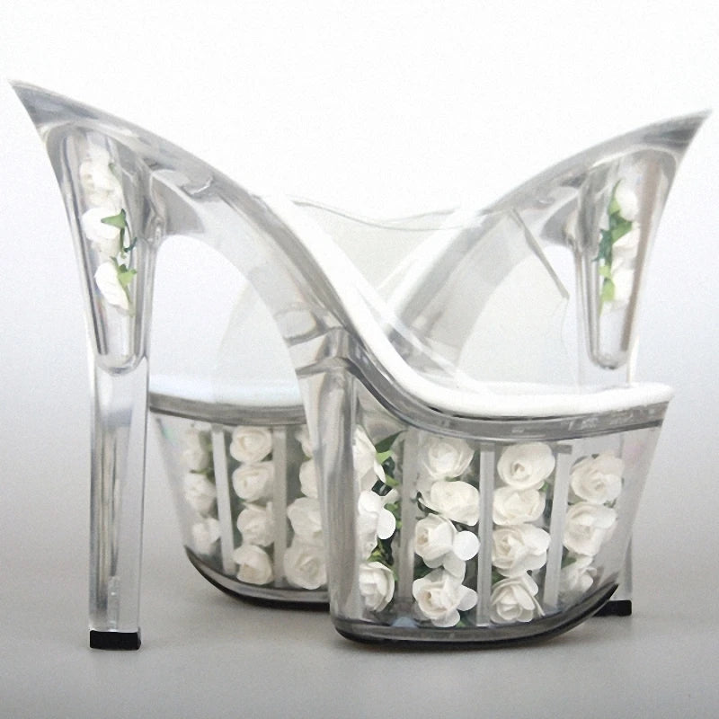 New Transparent Crystal Flower 15 cm Elegant High-heeled slippers 6 Inch Super High-heeled Pole Dance High-heeled Shoes
