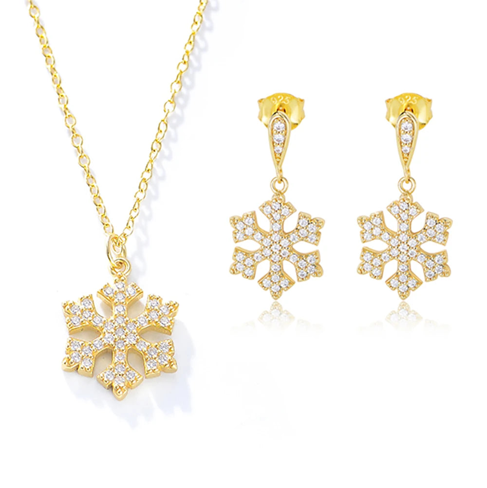 FuLsun Women's Sterling 925 Silver Gold Plated Snowflake Zirconia Diamond Earrings Necklaces Jewelry Set for Parties Weddings