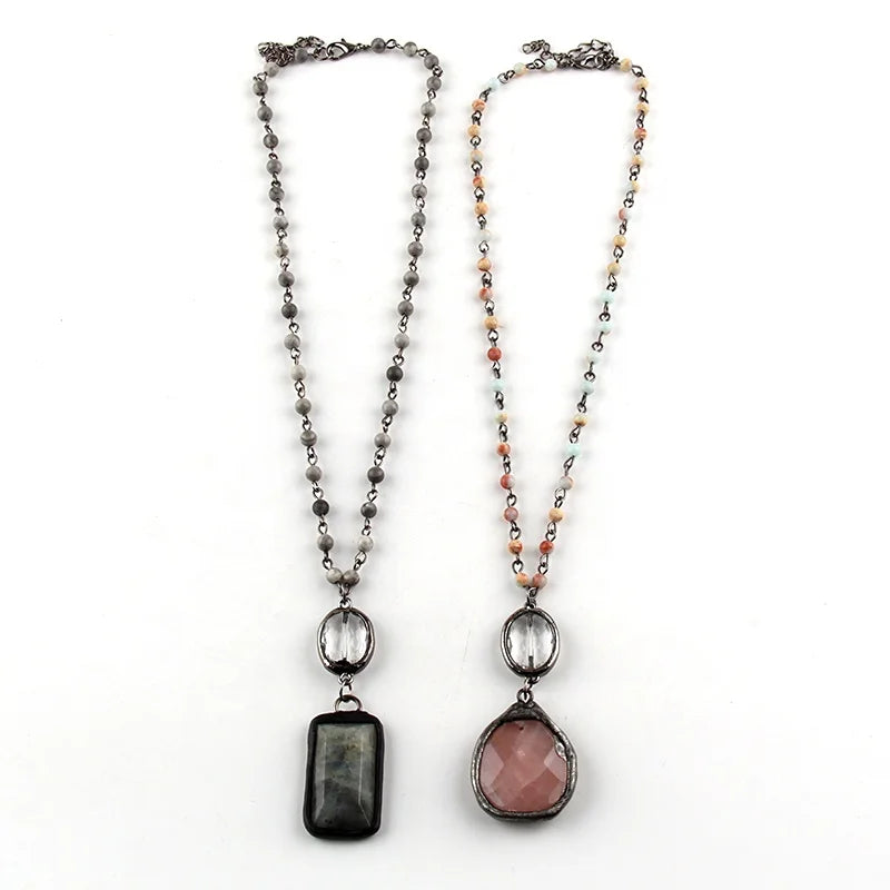 Women Ethnic Chain Necklace 4mm Natural Stone Beads Rosary Chain Necklace Rectangle Stone Pendant Choker Necklaces