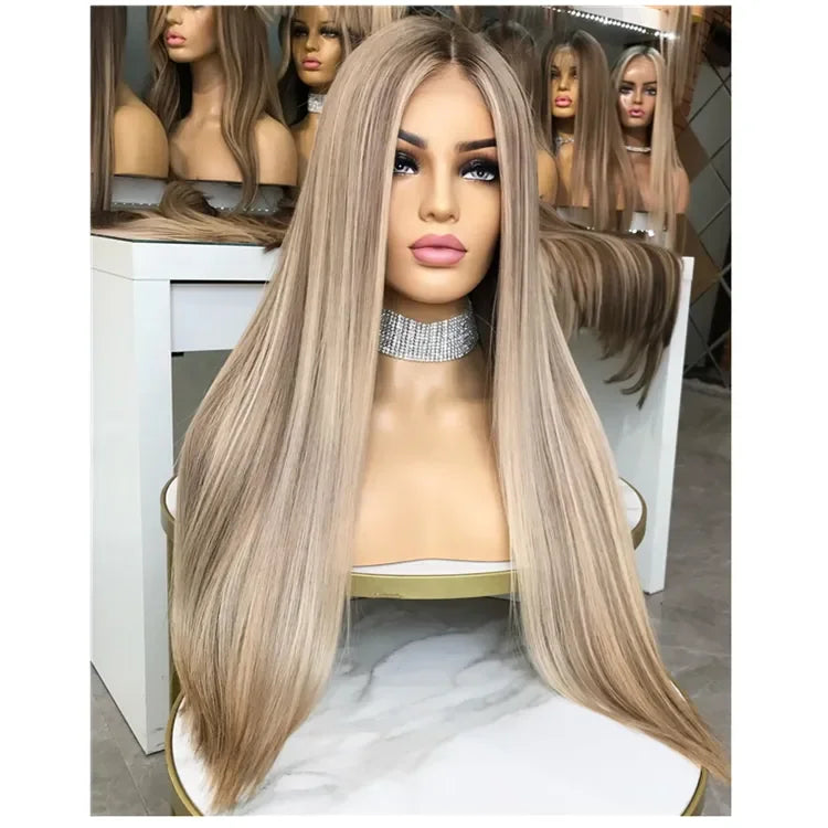 14A Grade Invisible Knots Highlight #60 With Ash Blonde Color Silky Straight Full Virgin Human Hair Lace Front Silk Top  Wigs