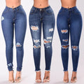 New Fashion Women's Denim Trousers Elastic Solid Color Stretch Ripped Holes Slim Skinny Pencil Pants for Summer Logo Waist
