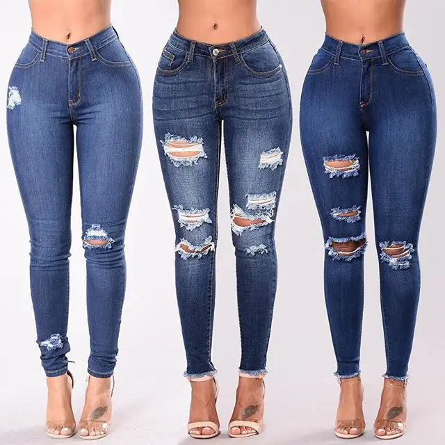 New Fashion Women's Denim Trousers Elastic Solid Color Stretch Ripped Holes Slim Skinny Pencil Pants for Summer Logo Waist