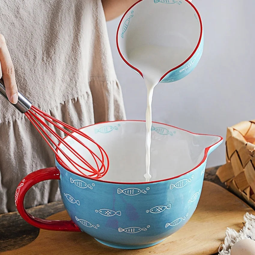 Hand Painted Lovely Fish Ceramic Batter Bowl Easy Pour Spout Non Skid Bottom Salad Mixing Bowl Eggbeater Cup With Handles