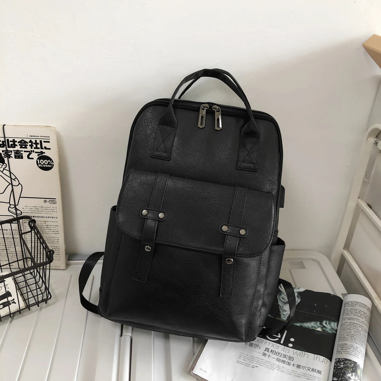 New Stylish Pu Leather Backpack Pu Travel School Bag Backpack Fashion Pu Leather Business Men USB Backpacks