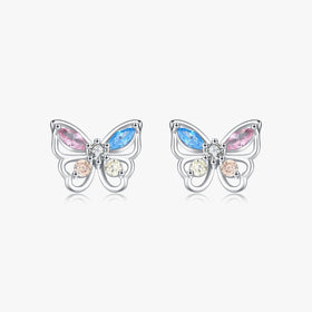 Luxury Hollow Fine Jewelry for Women Accessories 925 Sterling Silver Rainbow Colorful Cubic Zirconia Butterfly Stud Earrings