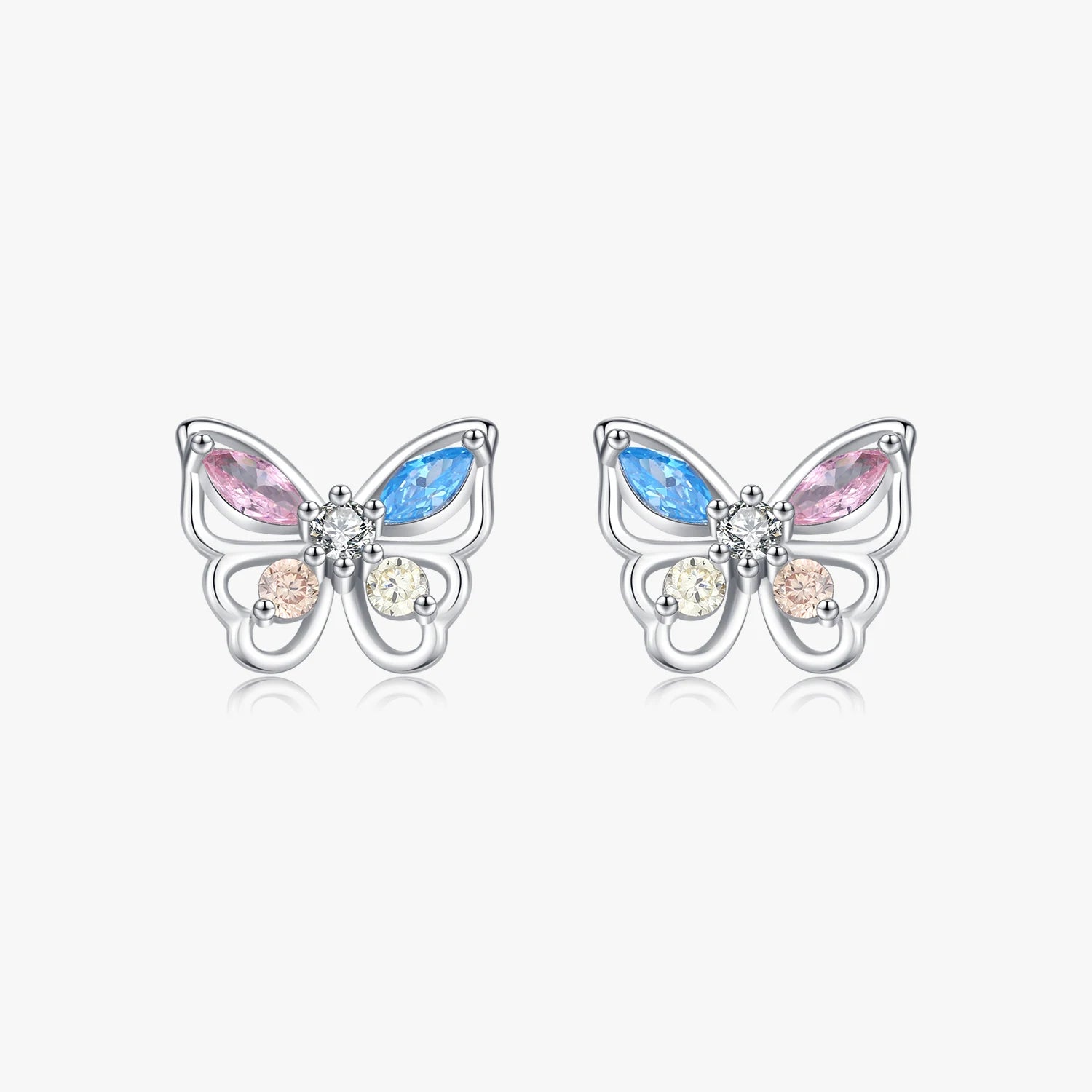 Luxury Hollow Fine Jewelry for Women Accessories 925 Sterling Silver Rainbow Colorful Cubic Zirconia Butterfly Stud Earrings