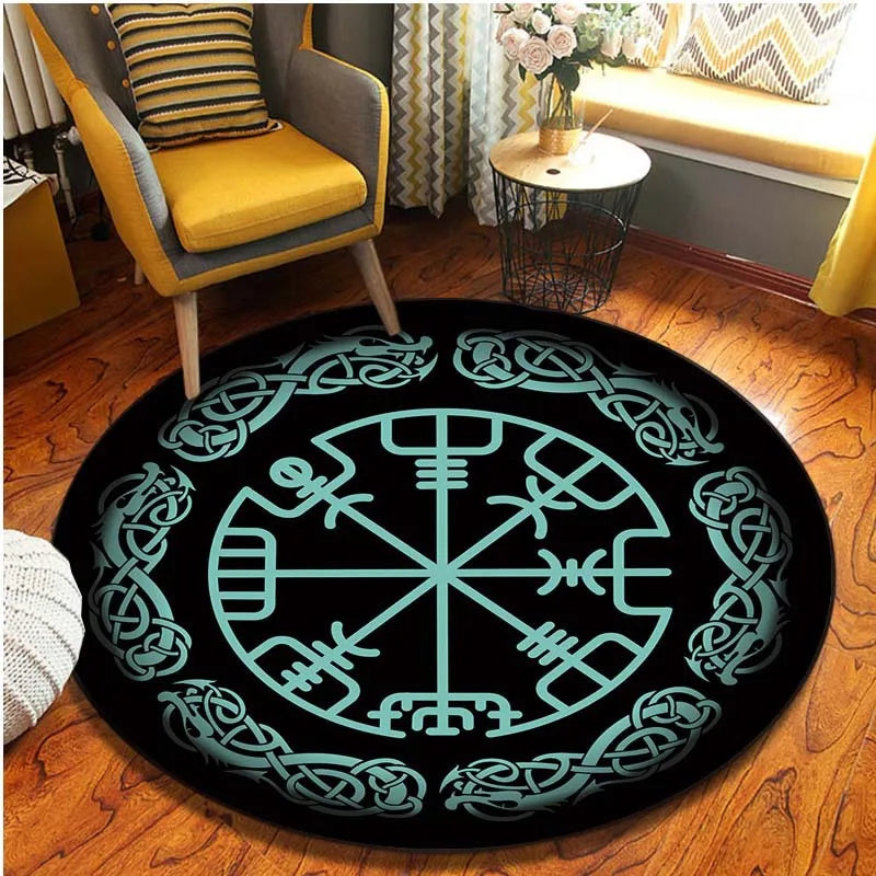 Nordic Medieval Viking Pirate WJN08 Printed Circular Floor Rug Flannel Washable Retro Round Carpet for Bedroom Living Room Decor