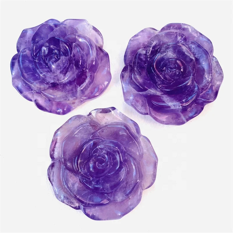 Hot Sale Hand Carved Natural Purple Crystal Rose Amethyst Crystal Rose Flower Carvings for Gift
