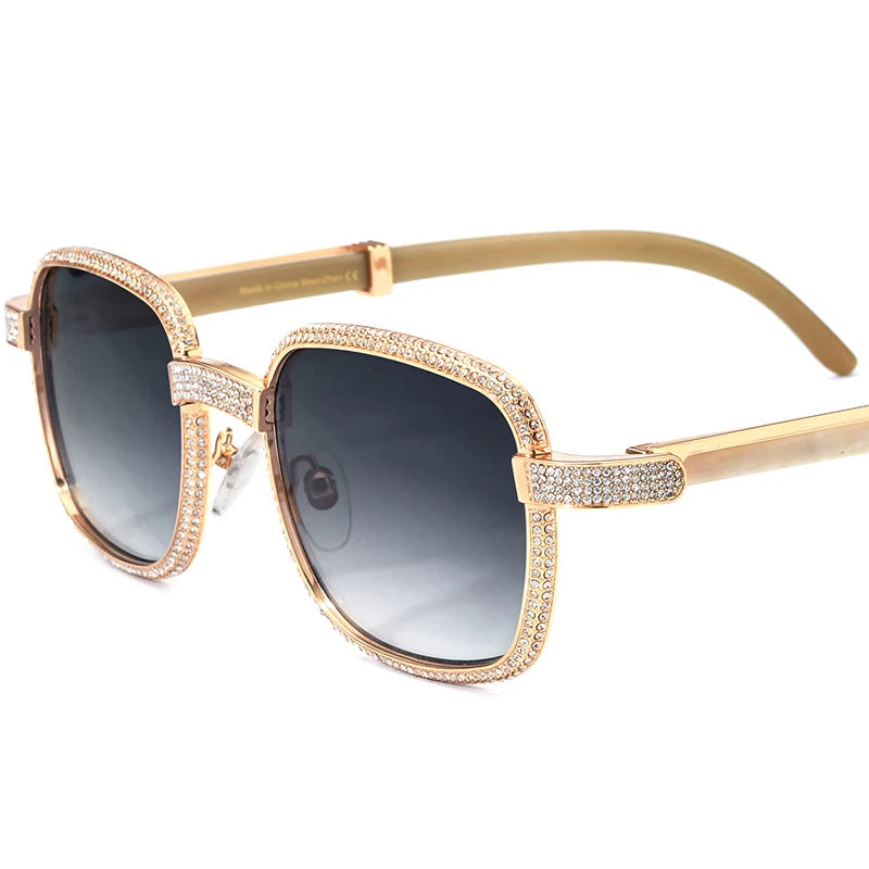 Round Design Nature Crystal Buffalo Horn Sunglasses Retro Full Frame Sunglasses Black Ox Horn Leg Glasses White