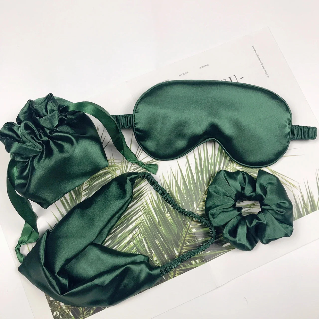 Blackish Green Soft Satin Sleeping Eye Masks With Faux Silk Head Band Gift Bag and Hair Scrunchies for Wedding Gift