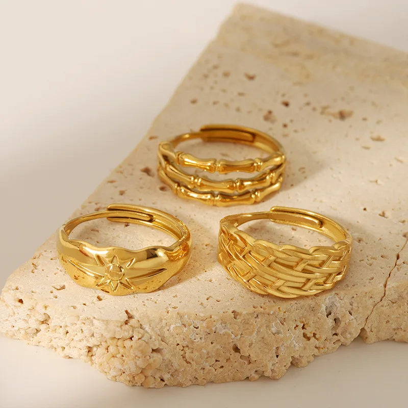 Chic Stainless Steel Gold Plated Finger Ring Hollow Open Ring Waterproof Texture Open Adjustable Ring for Women Jewelry Gifts