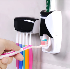 Automatic Tooth Paste Toothpaste Dispenser with Tooth Brush Toothbrush Holder and Auto Pump Rolling Squeezer Kit Set Wall Mount