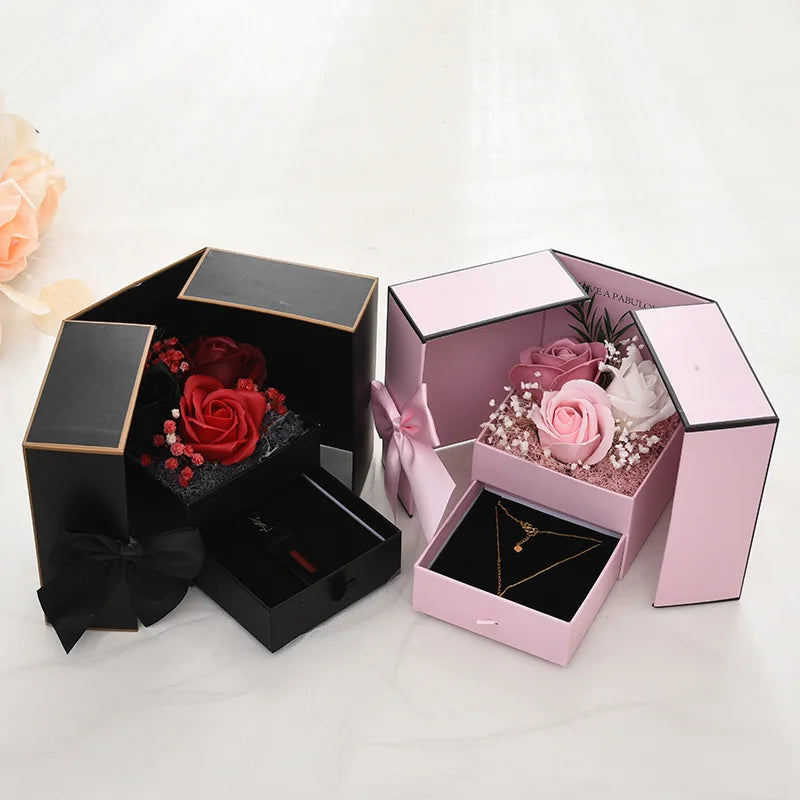 Wholesale Valentine's Day Eternal Rose Jewelry Gift Box Creative Double Door Soap Flower Lipstick Necklace Gift Box