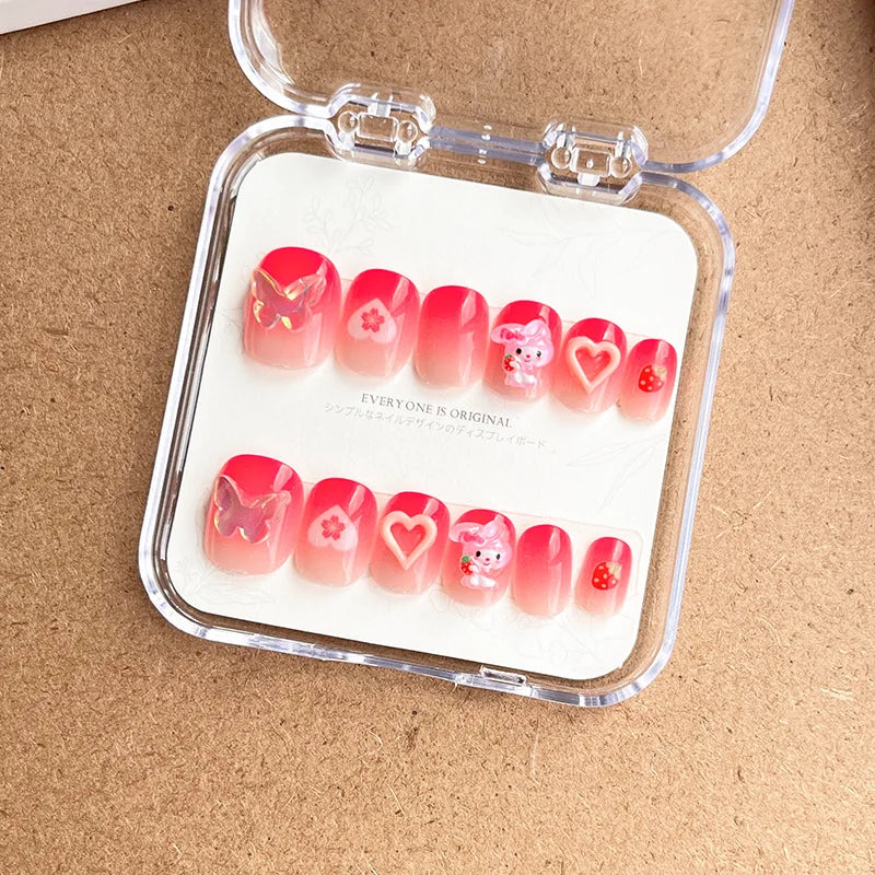 BIN Beautiful Jelly Glue Children's 12pcs a Box Cute Pink French ABS Nail Tips for Kids Little Girl Press on Nails