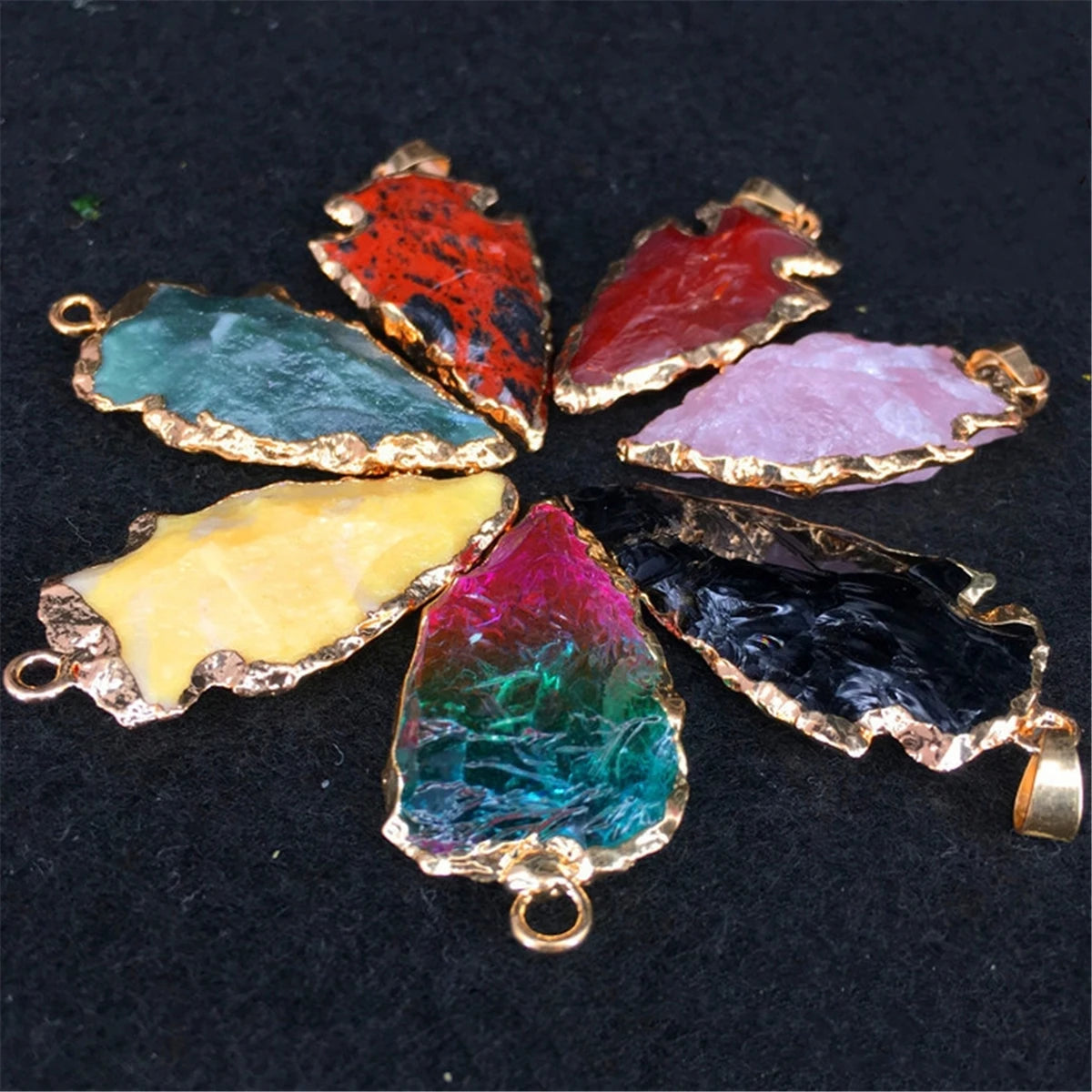 Colorful Nature Agate Obsidian Crystal Gemstone Metal Arrowhead Pendant Necklace Jewelry Gift