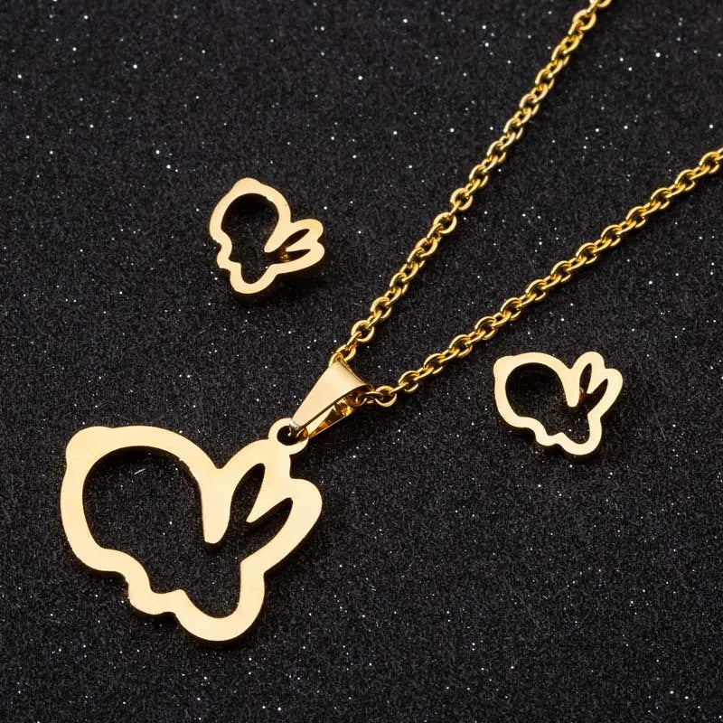 Wholesale 18K Gold Silver Plated Stainless Steel Women Rabbit Pendant Earring Necklace Jewelry Set