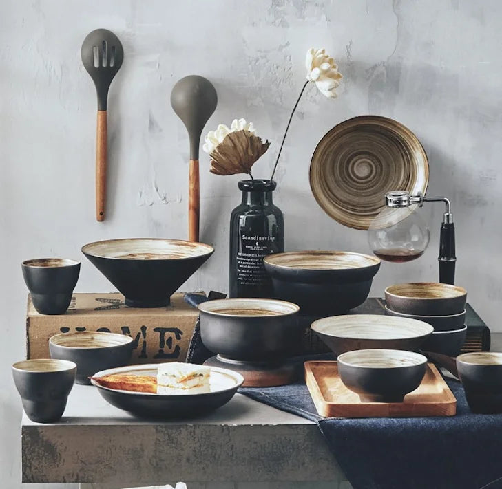 Household Dishes and Dishes Black Ramen Bowls Chinese Creative Special Tableware Set Retro Ceramic Tableware