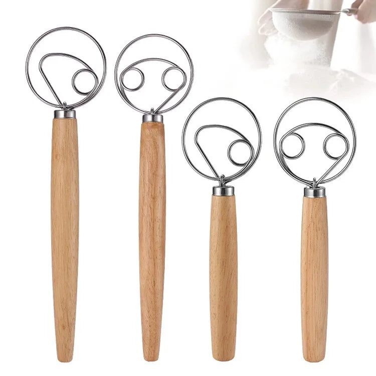 Danish Single Coil Dough Mixer with Powder Ring Wooden Handle Handheld Flour Mixer Tool for Home Kitchen Use for Baking Eggs