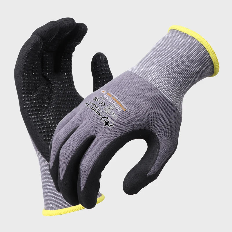 XINGYU 15 Gauge XL Work Gloves Qil Thin Grey Nylon Nitrile Dots Coated Foam  Safety Construction Application Work Safety Gloves