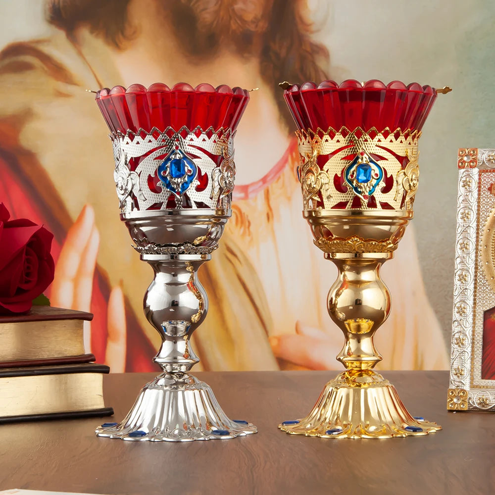 Antique Golden Metal Church Candle Holders with Red Glass Cups Christian Altar Decor Religious Ceremony Gift for Home Holidays
