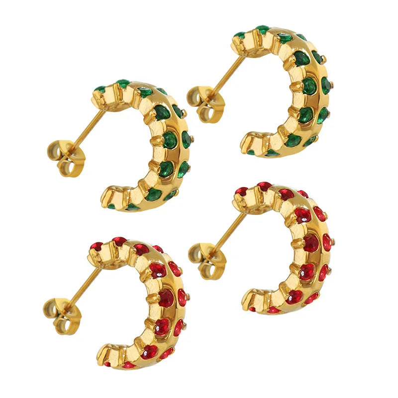 INS Simple Stainless Steel 18K Gold Plated Zircon Inlaid C Shaped Earrings Titanium Steel Personalized  Chunky Zircon Earring