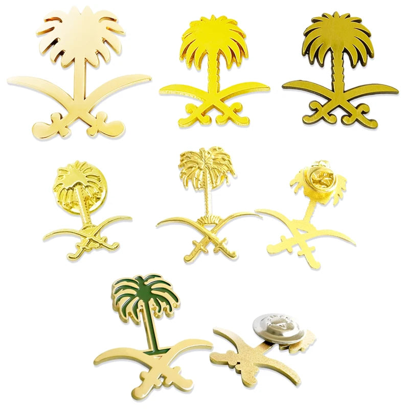 Stock Saudi Logo Gold Plated Double Swords and Palm Brooch Magnetic Metal Mobiles Sticker Adhesive Pin