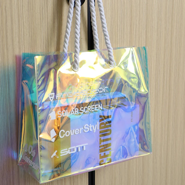 Custom Eco-friendly Clear Laser Cut PVC Tote Gift Bags with Zipper Closure Large Size Custom Color & Holographic Design