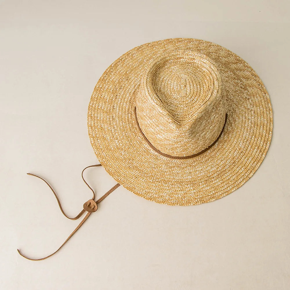Wholesale Summer Lady Beach Hat Travel Fedora Sunhat Women Sombreros Wide Brim Natural Wheat Straw Hats With PU Leather Chin Tie