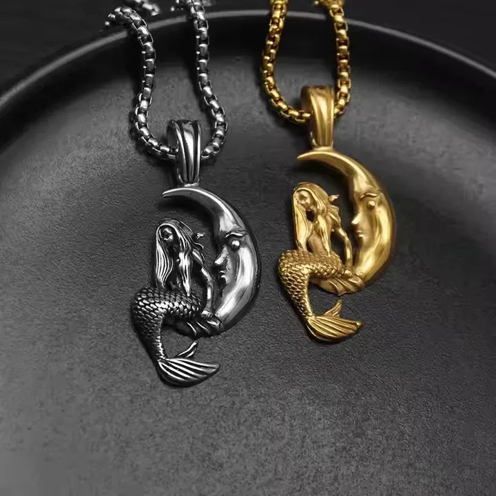 Cross-border Mermaid Moon Pendant Punk Hip-hop Trend Men and Women Titanium Steel Necklace Stainless Steel Pendant