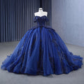 Dark Blue Off Shoulder Tulle Lace Long Prom Gown Blue Sweet 16 Dress With Beading Sequin Evening Dress Rsm231116