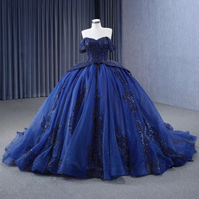 Dark Blue Off Shoulder Tulle Lace Long Prom Gown Blue Sweet 16 Dress With Beading Sequin Evening Dress Rsm231116