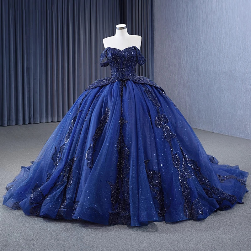 Dark Blue Off Shoulder Tulle Lace Long Prom Gown Blue Sweet 16 Dress With Beading Sequin Evening Dress Rsm231116