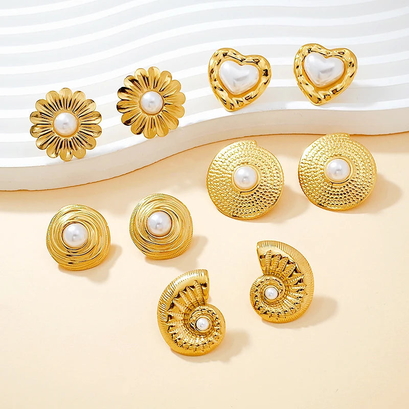 Luxury Designer Stainless Steel Wholesale Jewelry 18K Gold Plated Pearl Conch Shell Heart Bow Flower Accessories Stud Earrings