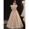 Luxury Champagne Evening Dress A-line Appliques Bead O-neck Backless Elegant Wedding Party Dress